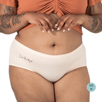 Powerpants Organic Cotton Brief in Pearl, Size 20. Affirmation is I am beautiful.