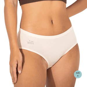 Powerpants Organic Cotton Brief in Pearl in Size 8. Affirmation is I am happy.