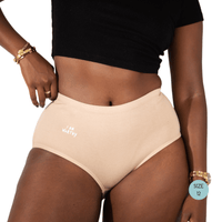 Powerpants Organic Cotton High Waist Brief in Almond, size 12. Affirmation is I am worthy.