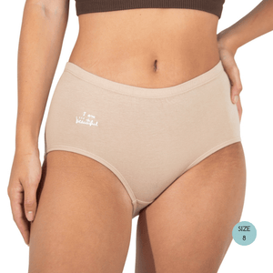 Powerpants Organic Cotton High Waist Brief in Almond, size 8. Affirmation is I am beautiful.