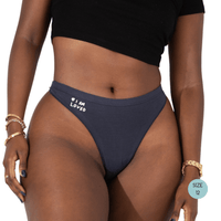 Powerpants Organic Cotton Thong in Midnight, Size 12. Affirmation is I am loved.