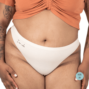 Powerpants Seamless Organic Cotton Thong in Pearl, Size 20. Affirmation is I am calm.