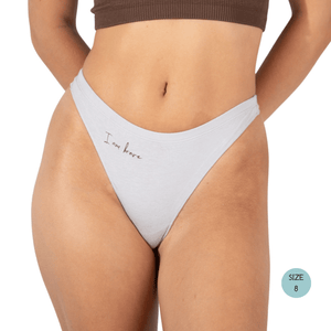 Powerpants Organic Cotton Seamless Thong in Storm, size 8. Affirmation is I am brave.